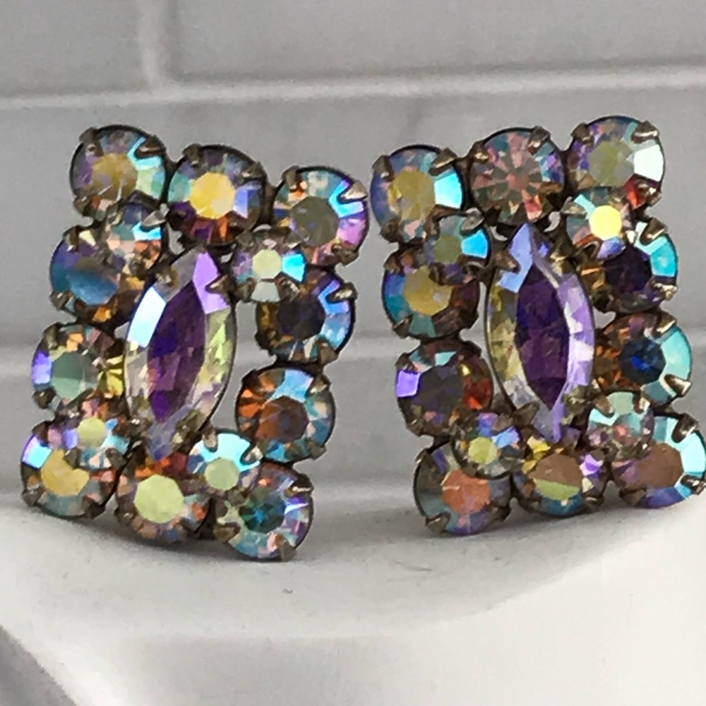Vintage midcentury AB Swarovski crystals clip on earrings Austrian